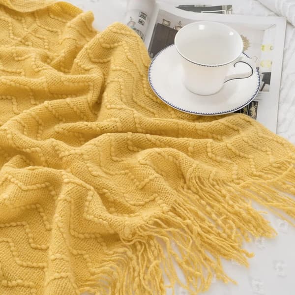 Pledd Teksturert Solid Myk Sofa Dekorativt Strikket Pledd, 127 x 152 cm yellow
