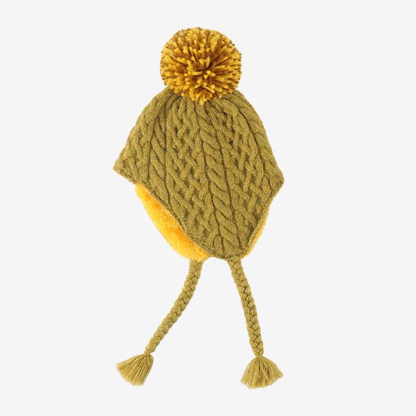 Vintermössa Flickor Stickade Mössor Vinter Fleece Foder Skidåkning Vintermössor med Varma Öronlappar Autumn Leaf Yellow