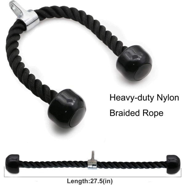 Tricep Rope Fitness Attachment Kaapeli kone irrotettava Heavy Duty -pinnoitettu nylon , jossa kiinteät kumipäät, musta