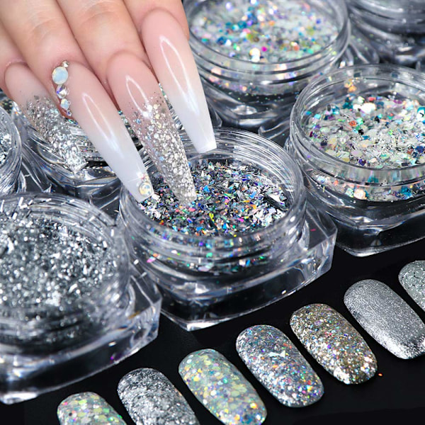 Holografiska Nagelkonst Paljetter, DIY Nagelkonst Glitter Ädelsten för Iögonfallande Naglar, 8 Ask Silver Metallic Glänsande Flakes med Säker Hudvänlig Formula