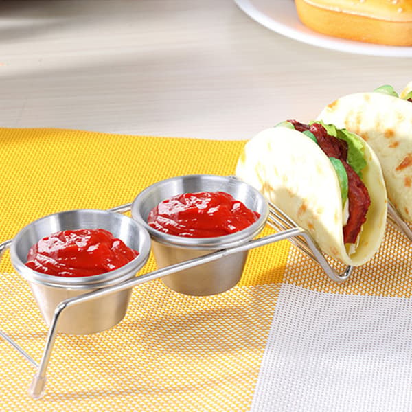 Taco-stativ i rustfrit stål med sauceholder, dobbeltsidet brug af trådkonstruktion til servering (2 stk.)