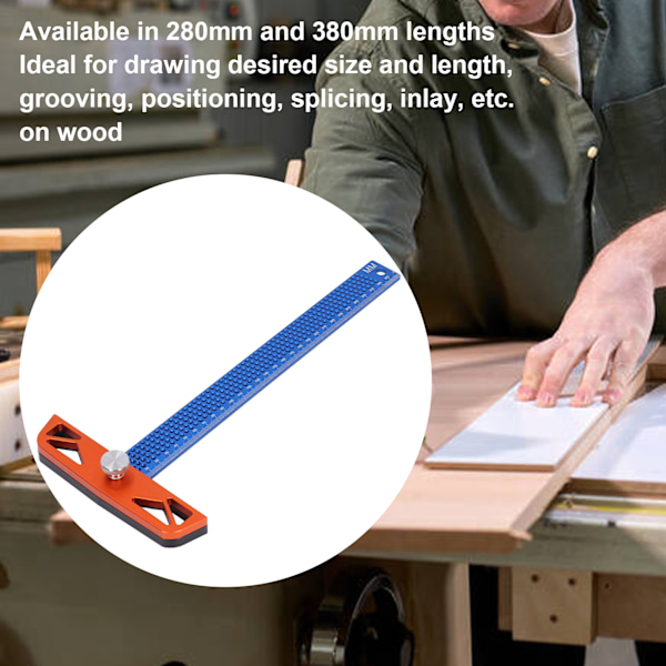 T-formet linjal i aluminiumlegering, 2 bakplater, 2 brukbare lengder, blå, justerbar, fleksibel merking, trebearbeidingsverktøy T-300MM