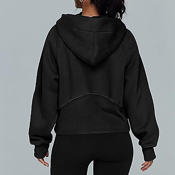 Halv Dragkedja Hooded Pullover Nedvikt Krage Långärmad Ficka Halv Dragkedja Pullover för Kvinnor Svart S