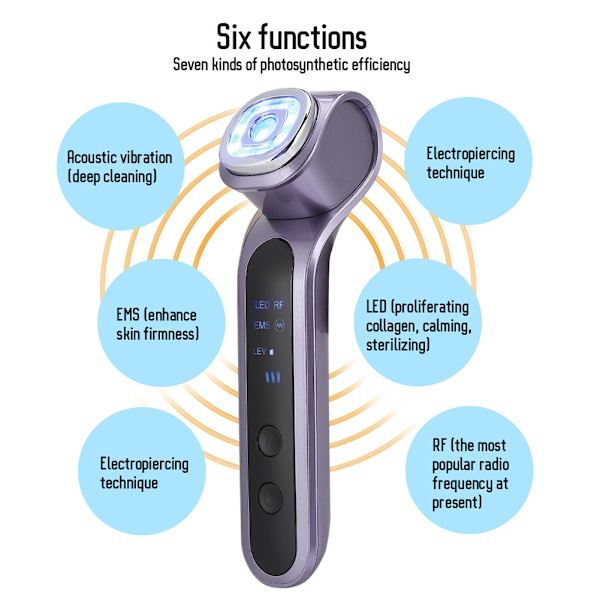 5-i-1 LED Fototerapi RF EMS Mikroström Vibration Uppvärmning Ansiktsvård Enheter Maskin Lila
