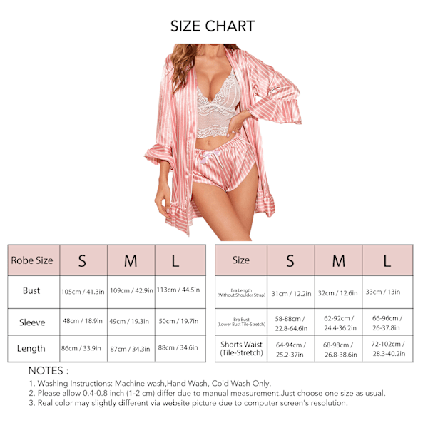 4 st Kvinnor Pyjamas Set Casual Bältesrock Spets Bralette och Shorts Sovkläder Set för Hemma Rosa Randig (Rock + Bälte + BH + Byxor) M