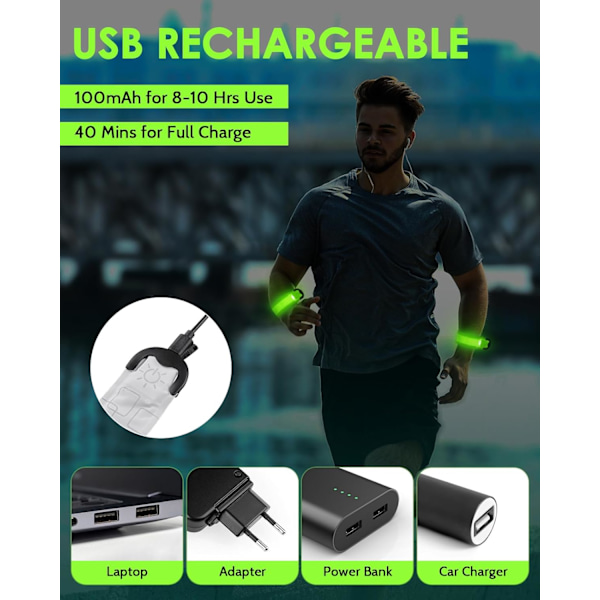 Uppladdningsbart LED Armband 2-pack, Hög Synlighet Reflexutrustning för Nattsäkerhet, Lysande Armband för Nattpromenader, Cykling, Löpargåva