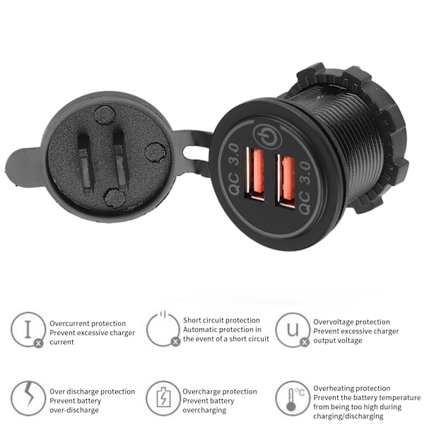 Billadeoplader med Dobbelt USB-Port QC3.0 Hurtigopladning med Berøringskontakt til 12‑24V Båd Motorcykel ATV RV Blå LED-indikator
