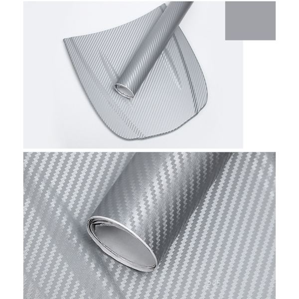 Kolfiber-look Wrapfolie 3D Tjockare Bil Externt Dekorativt Skydd Wrap Rulle Dekaler Dekal Silver 1.52mx30cm