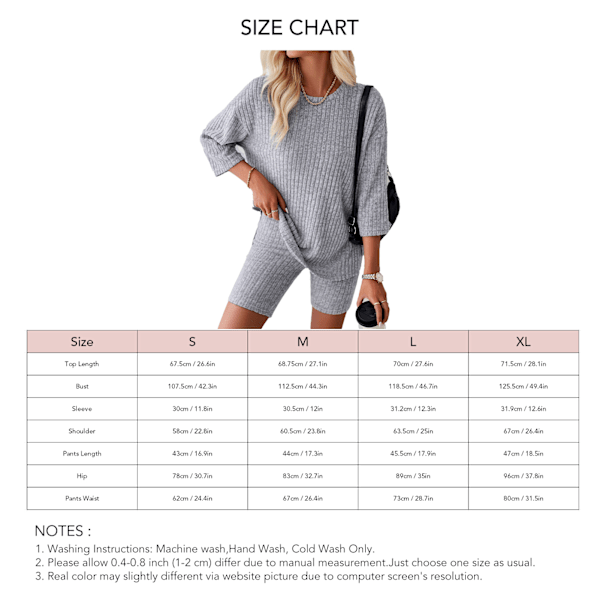 Dam 2-dels Set 3/4 Ärm Ribbad Rund Hals Oversized Casual T-shirt Shorts Set Grå M