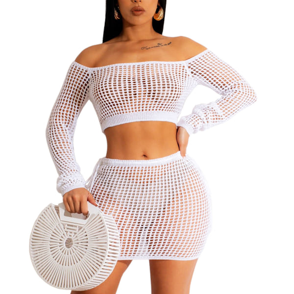 Dame 2-delt Outfit Sæt Hult Strikket Sæt med Off Shoulder Langærmet Kort Top Kort Skørt Hvid S