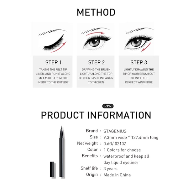 Musta vedenkestävä nestemäinen eyeliner-kynä, pitkäkestoinen, nopeasti kuivuva silmämeikki