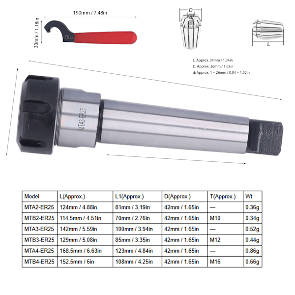 Collet Chuck Forlængerstang MTA ER25 Spændeklemme Værktøjssæt til CNC Fræsning Drejebænk MTA3-ER25-M12