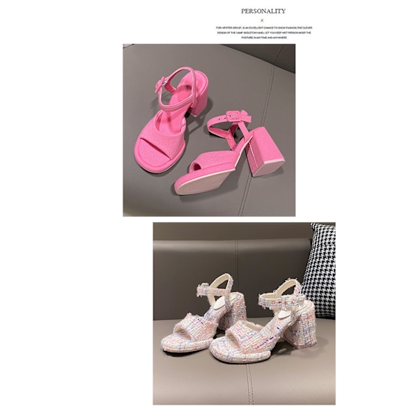Høye sandaler med ankelrem for kvinner, pustende, sklisikre, åpne tær, stropper, firkantede hæler for sommer, blomstermønster, størrelse 38