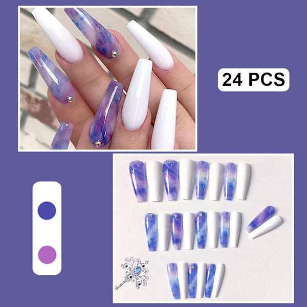 24 stk Trykk på negler Lang kiste falske negler Fransk trykk på negler Gradient Blå Akryl falske neglertips Glanset falske negler Fulldekkende negletips for