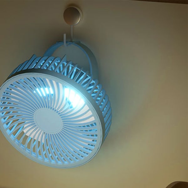 Bærbar skrivebordsventilator genopladelig med LED-lys og kroge (blå)