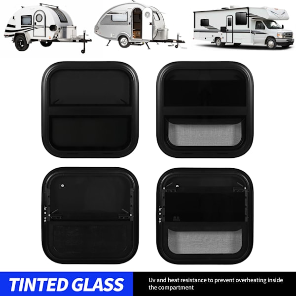RV Skydevindu 500 X 500mm Sort Aluminium Legering Trailer Varmebestandig Lodret Glas Med Bevægelig Insektssikret Net Til Vægstørrelse: 31 til