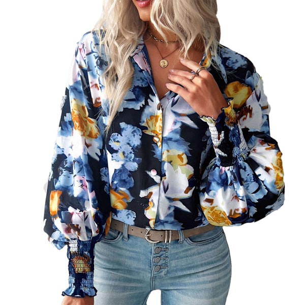 Dam Shirrad Tryckt Blus Lykta Ärm Tryckt Skjorta Nedvikt Krage Knappstängning Långärmad Mode Casual Blus Svart M