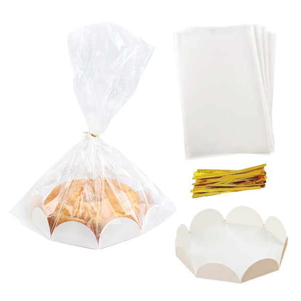 50 pak klare plastbageposer med kagebakke og guldbånd