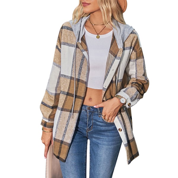 Dam Rutig Kappa Knäppning Huva Lös Passform Casual Trendig Dam Skjortjacka för Höst Vinter Khaki L