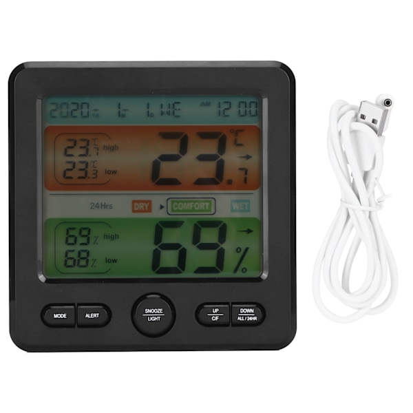 Digital Färgskärm Temperatur- och Luftfuktighetsmätare Inomhus Termometer Hygrometer Klocka Svart
