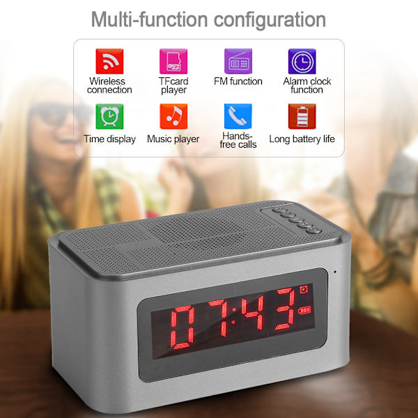 Multifunktionell Bluetooth Digital Väckarklocka LED Stereo Högtalare FM-radio/MP3-spelare/TF Silver