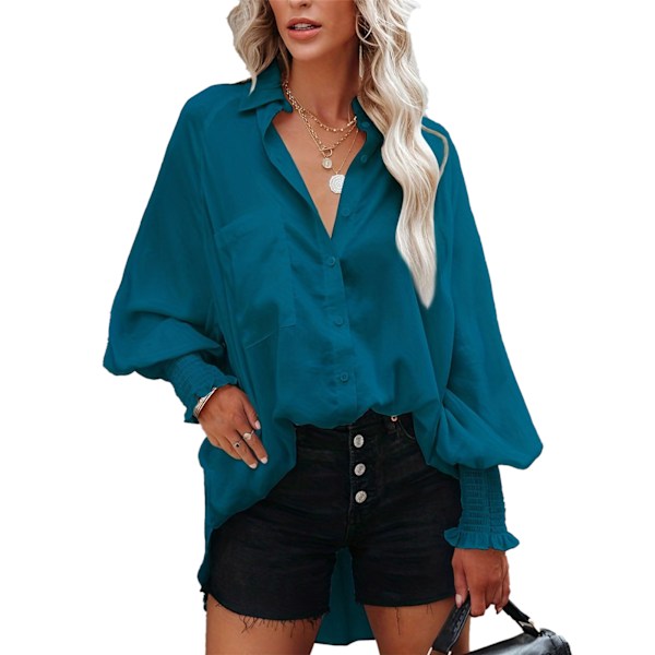 Lång Tunika Skjorta Dam Ficka Fram Långärmad Trendig Dam Knäppning Oversized Skjorta Påfågelblå XL