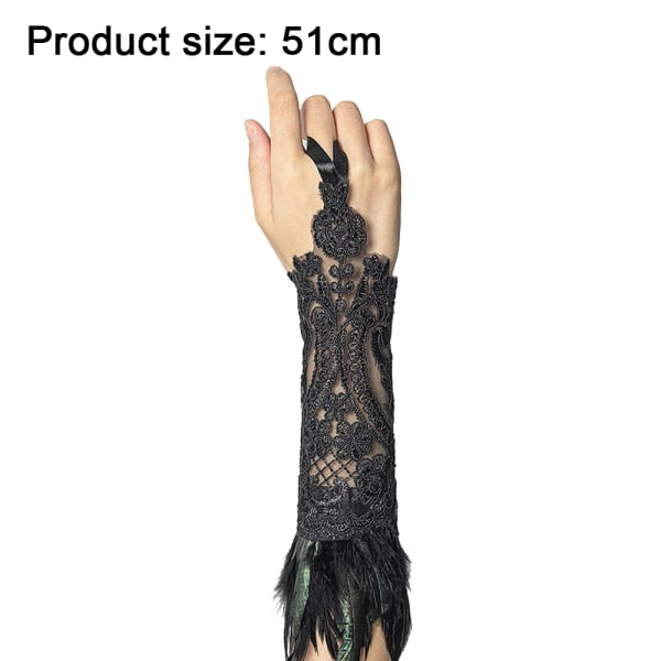 Kvinnors Retro Fjäder Spets Långa Handskar Armband för Halloween Ch black