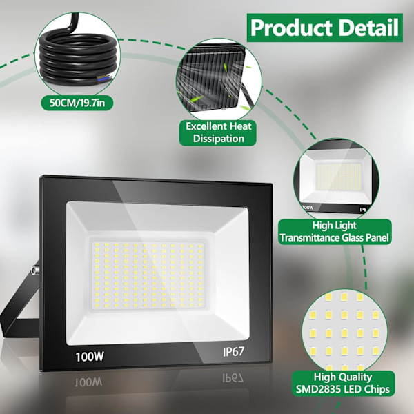 Superstark 100W LED Arbetslampa för Utomhusbruk, Kallvitt Flodljus med Justerbart Metallfäste för Garage Uteplats Fabrik, Enkel Installation