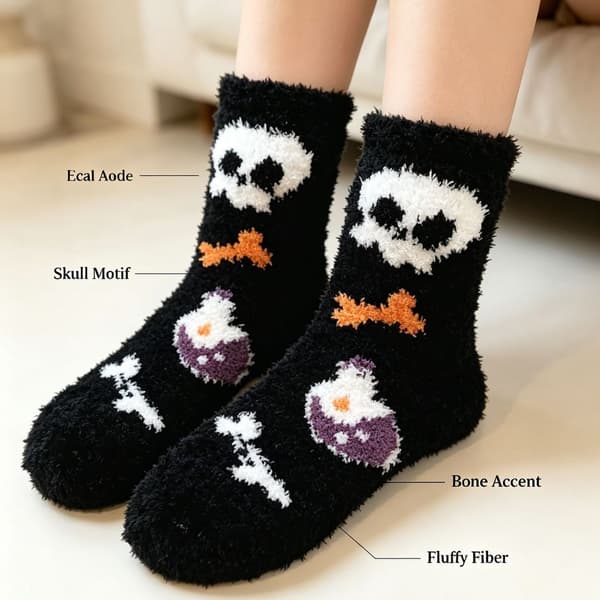 5 par fluffy Halloween-sokker til kvinder med festlige designs af græskar, spøgelser og hekse