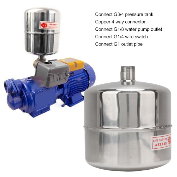Trykkbrytertank for pumpe, rustfritt stål, korrosjonsbestandig, hjem tilbehør, 4L