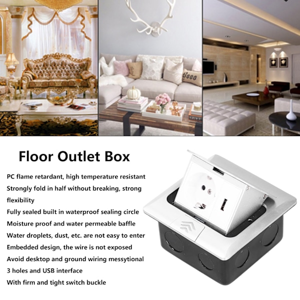 Gulvstrømuttak Innebygd Pop Up Sokkelboks EU Standard USB Strømtilbehør 250V 16ASlow Pop Up