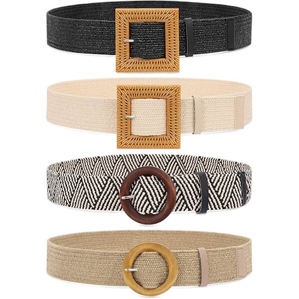 Set med 4 halmvävda elastiska stretchbälten för kvinnor, mode