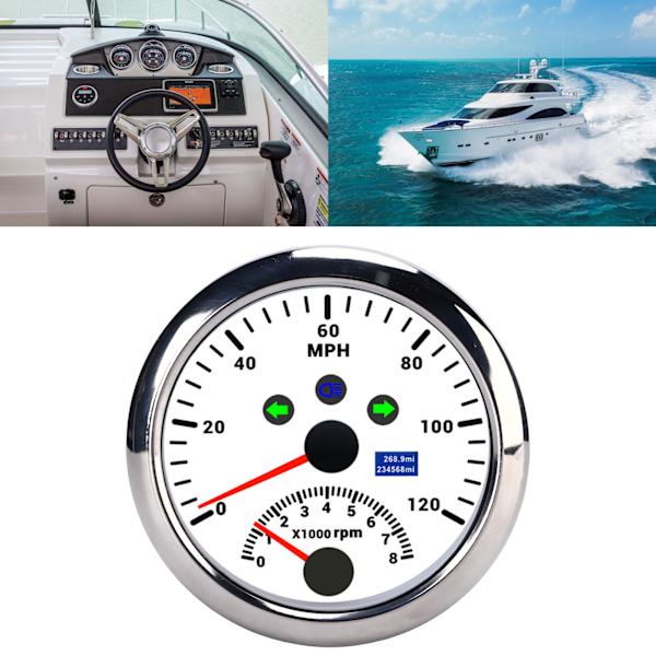 85mm 0‑120MPH GPS-nopeussensori Mittarilla ja Kierroslukumittarilla 8000 RPM Ylinopeusvaroittimella LCD Punainen Taustavalo 12V/24V Autolle Veneelle ATV:lle Valkoinen