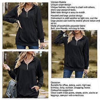 Dame Hættetrøje Ensfarvet Langærmet Kvart Lynlås Pullover Toppe med Store Forlommer til Efterår Vinter Sort M