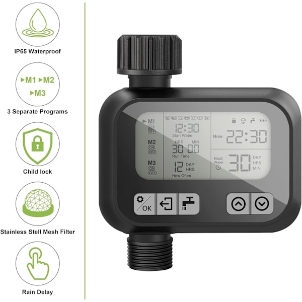 Trädgårdsslang Timer, Programmerbar Sprinkler Timer med Lättprogrammerat Gränssnitt, Regnfördröjningsfunktion för Trädgård, Rabatt, Växthus (Svart)