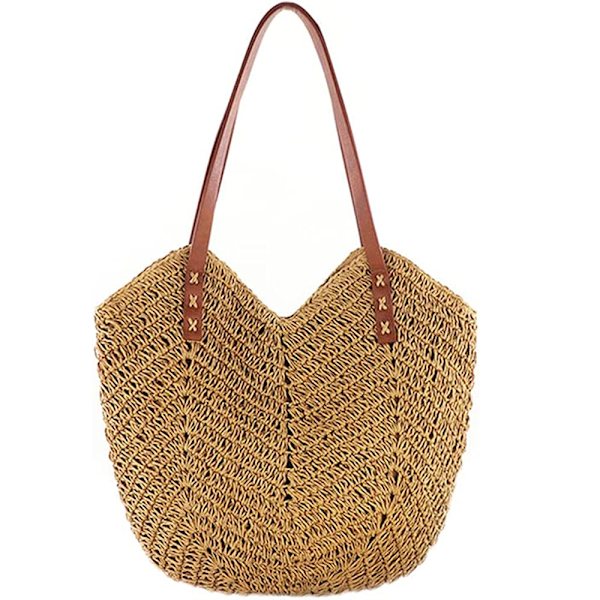 Hulvævet strandtaske til kvinder, håndvævede boheme-skuldertasker, kurvtaske, stråtaske, raffia-taske, sommerhalmtaske med lynlås og læder