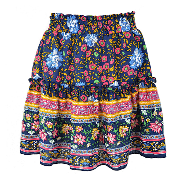 Kvinnors Rynkad Kant Skort Floral Tryckt Elastisk Etnisk Kort Skort För Sommar Vår Höst Marinblå S