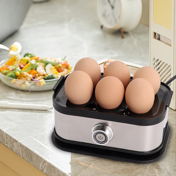 Rask eggekoker – kapasitet for 6 egg, elektrisk, rustfritt stål, eggdamper med knottkontroll og automatisk avslåingsfunksjon