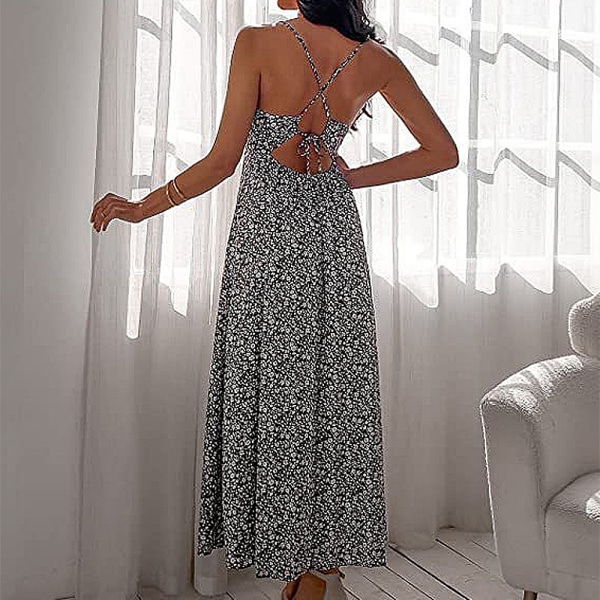 V-ringad casual klänning med öppen rygg med blommig delad extra lång klänning