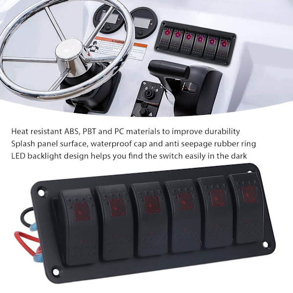 6-paikkainen Rocker-kytkinpaneeli LED-taustavalaistuksella, päälle/pois-kytkin, vedenpitävä piirin suojaus autoille, asuntoautoille, busseille, veneille, ATV:lle, UTV:lle, punainen