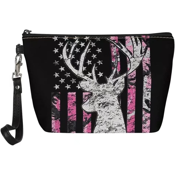 Dam flicka PU läder kosmetisk väska rosa amerikansk flagga hjort tryck mode sminkväska lätt liten clutch handväska