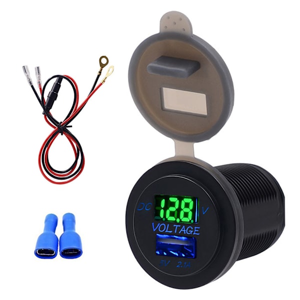 USB-porter Bil Lader Spenningsvisning Voltmeter Kjøretøy Strøm IP66 Vanntett 2.1AGrønn DC12-24V