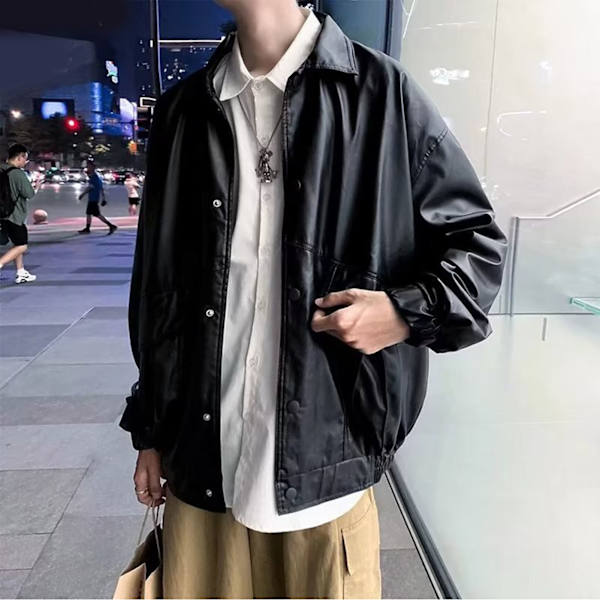 Hvit PU-Skinnjakke for menn, vår, løs, casual, nedfellbar krage, trykknapper, yttertøy til fest, svart, L