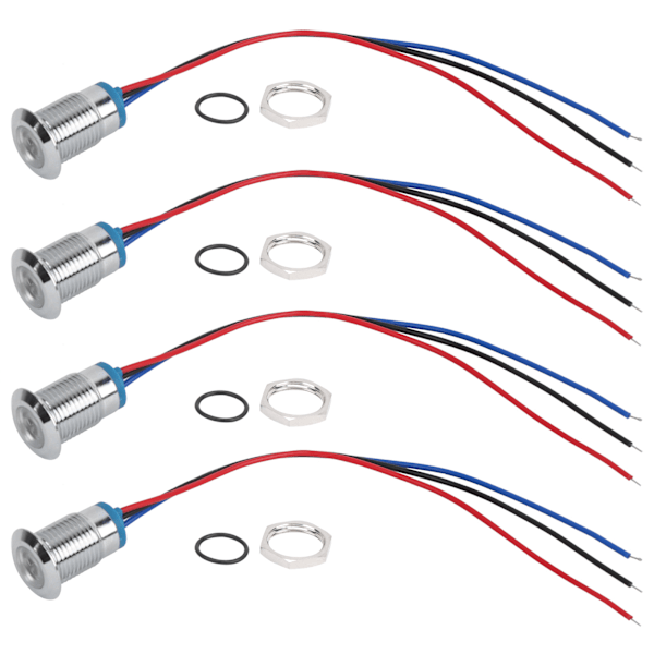 4 Set PreWired Runda LED-lampor Vattentäta 2-färgsljus Gemensam Anod Anod Elektrod 1224V 12mm (Röd och Blå)
