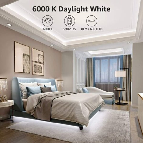 10M dimbar LED-stripe, 6000K kald hvit LED-stripe 600 SMD 2835