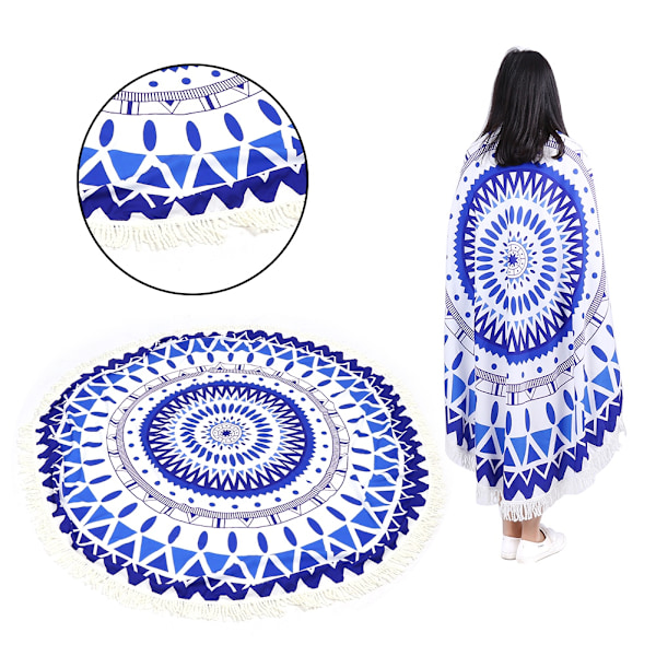 150cm Rundt Strandhåndkle Med Kvaster - Stilig Stort Tapestry Trykt Håndkle Matte Blå