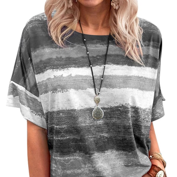 Short Sleeved Pullover Blouse Gradient Round Neck Casual Fitted Short Sleeved Blouse for Women Grey M