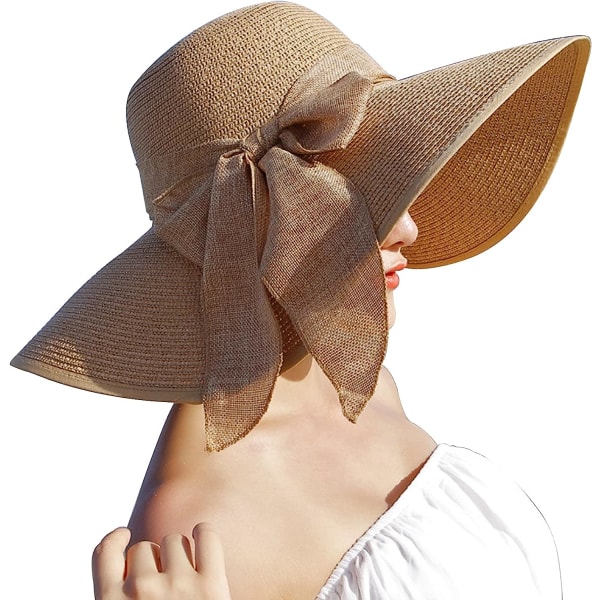 Dame med bred brimmet solbeskyttelse stråhatt, sammenleggbar flopphatt, su