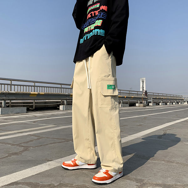 Män Bred Ben Byxor Casual Sida Fickor Ren Färg Snörning Lösa Byxor Khaki XL