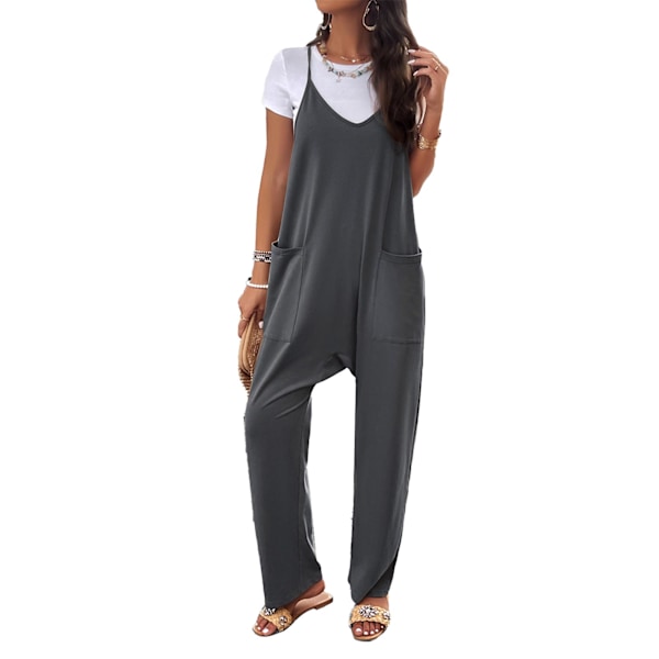 Dam Spaghetti Strap Jumpsuit Lös Passform Casual V-ringad Vida Ben Ärmlös Overall med Fickor Mörkgrå S